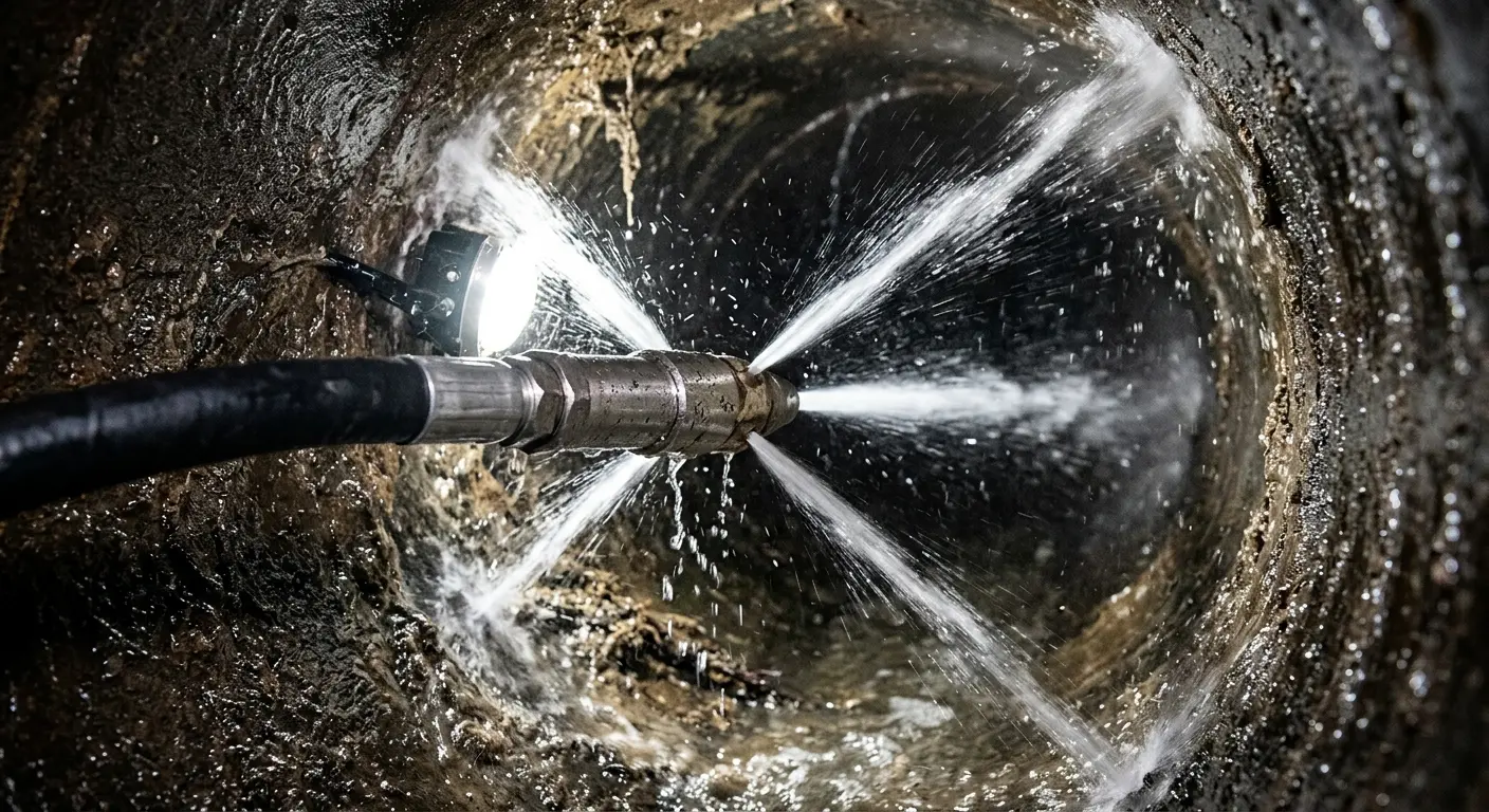 High-pressure hydro jetting nozzle cleaning sewer pipe for Sewer Cleanout in Ansonia