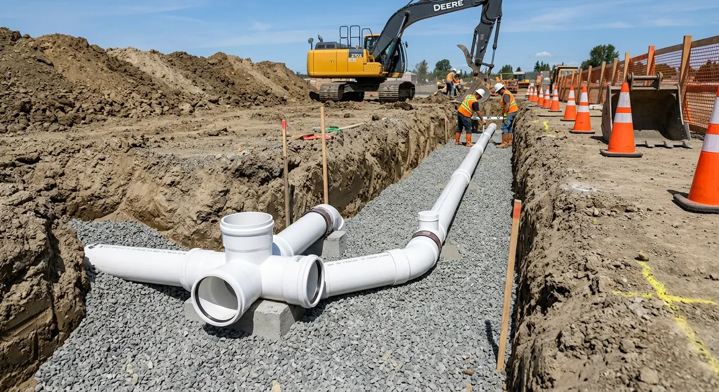 New PVC sewer pipe installation in open trench for Sewer Backup in Ansonia