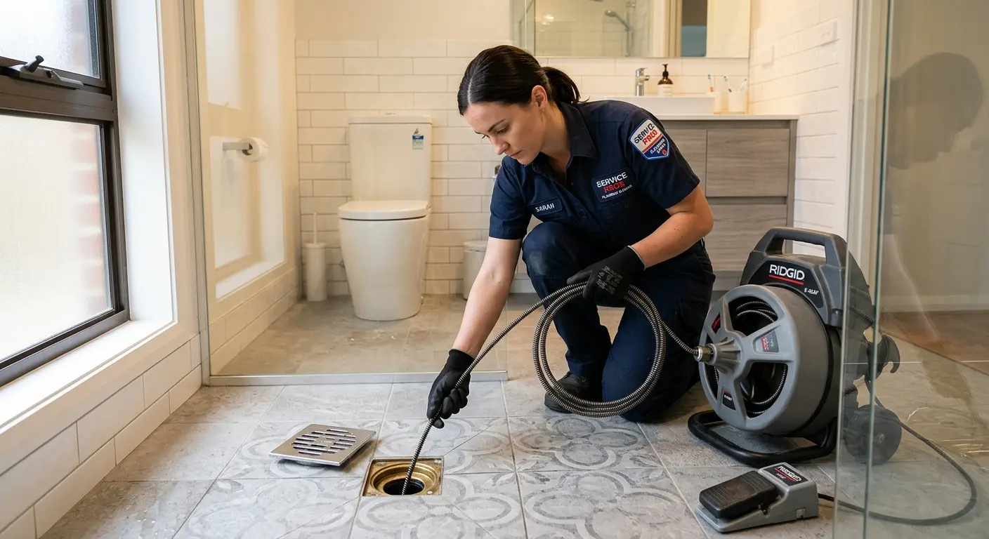 Technician clearing a bathroom floor drain for Sewer Line Replacement in Ansonia